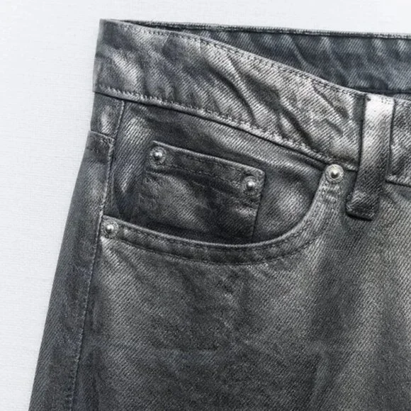 NWT ZARA MID WAIST STRAIGHT LEG FOIL JEANS BLACK - Picture 4 of 6